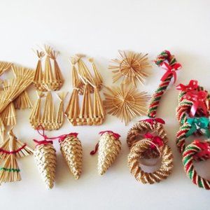 Vintage Scandinavian Straw Christmas Ornaments, Set of 23, Assorted